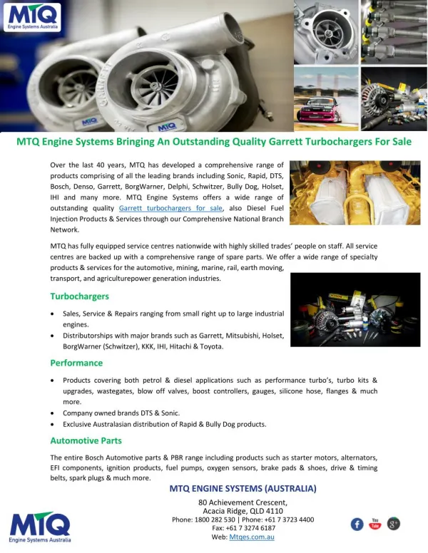 MTQ Engine Systems Bringing An Outstanding Quality Garrett Turbochargers For Sale
