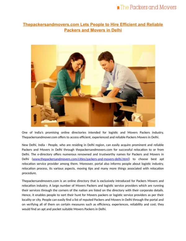 Thepackersandmovers.com Lets People to Hire Efficient and Reliable Packers and Movers in Delhi!!