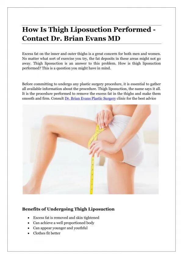 How Is Thigh Liposuction Performed - Contact Dr. Brian Evans MD