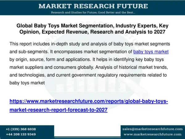 Global Baby Toys Market Segmentation, Industry Experts, Key Opinion, Expected Revenue, Research and Analysis to 2027
