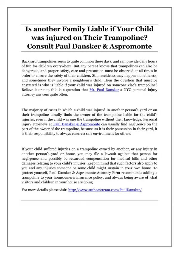 Is another Family Liable if Your Child was injured on Their Trampoline? Consult Paul Dansker & Aspromonte