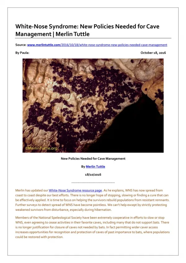 White-Nose Syndrome: New Policies Needed for Cave Management
