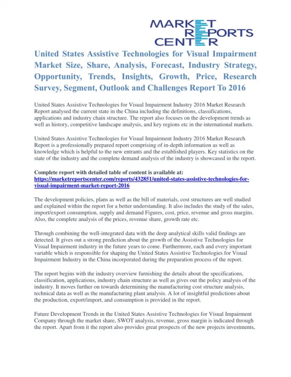 United States Assistive Technologies for Visual Impairment Market Share Forecast To 2016