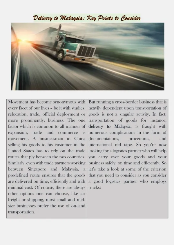 Delivery to Malaysia: Key Points to Consider