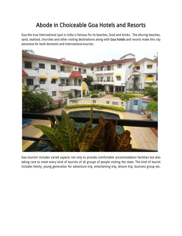 Abode in Choiceable Goa Hotels and Resorts