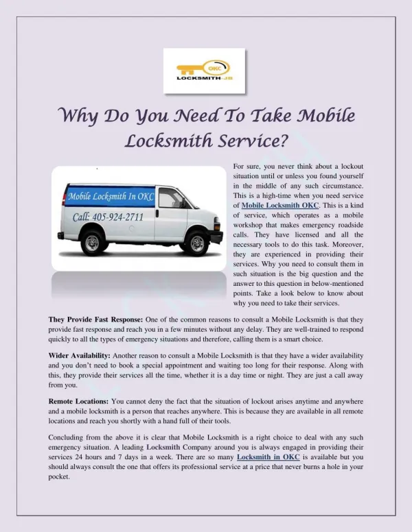 Why Do You Need To Take Mobile Locksmith Service