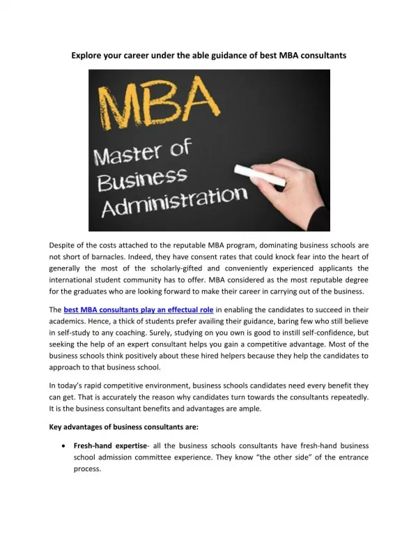 Explore your career under the able guidance of best MBA consultants