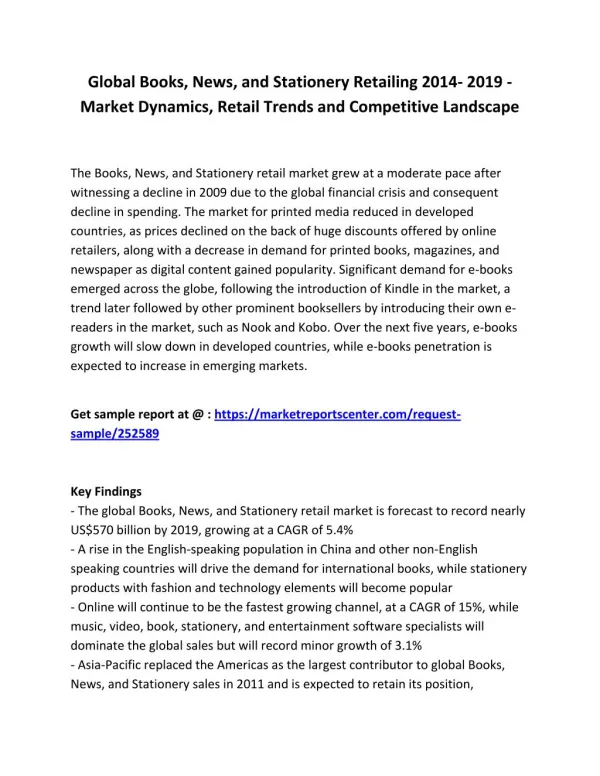 Global Books, News, and Stationery Retailing 2014- 2019 - Market Share, Size, Tenders, objective and Trends