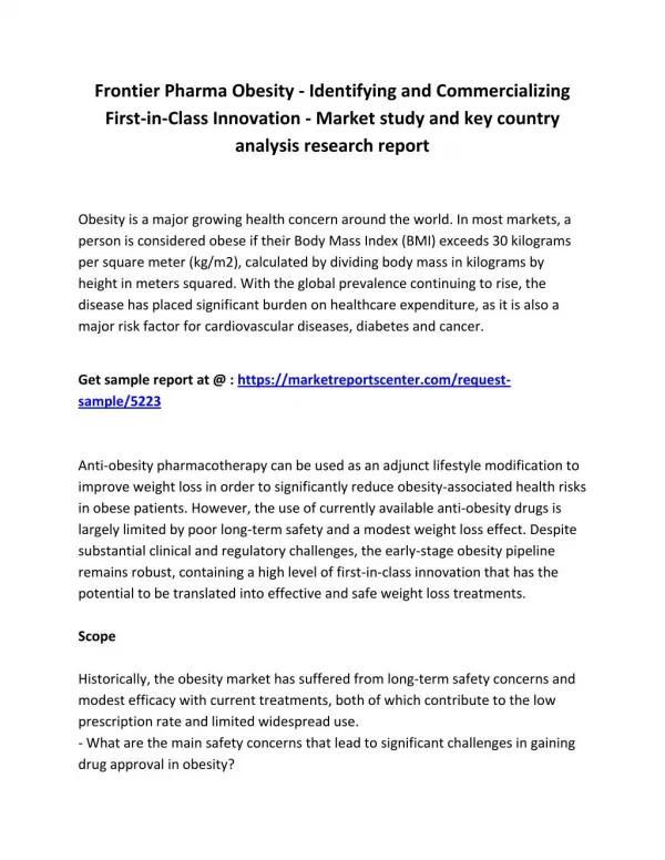 Frontier Pharma: Obesity - Identifying and Commercializing First-in-Class Innovation - Market overview, size, outlook, g