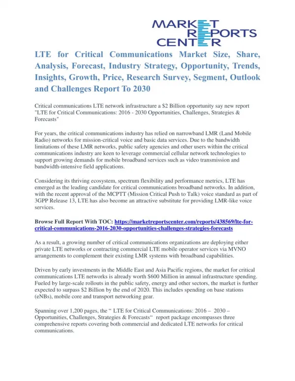 LTE for Critical Communications Market Trends, Challenges, Opportunities, Industry Insights and Forecasts to 2030