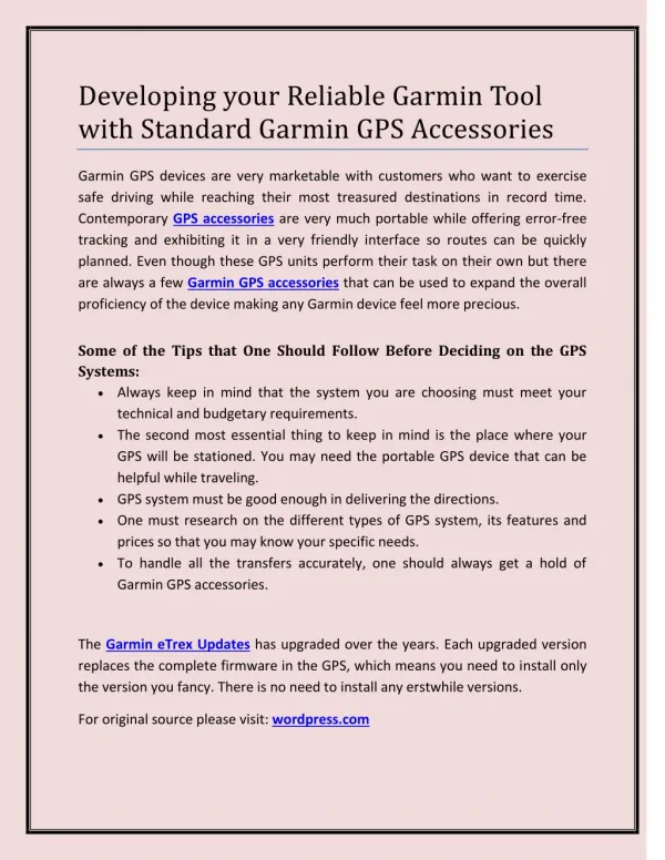 Developing your Reliable Garmin Tool with Standard Garmin GPS Accessories