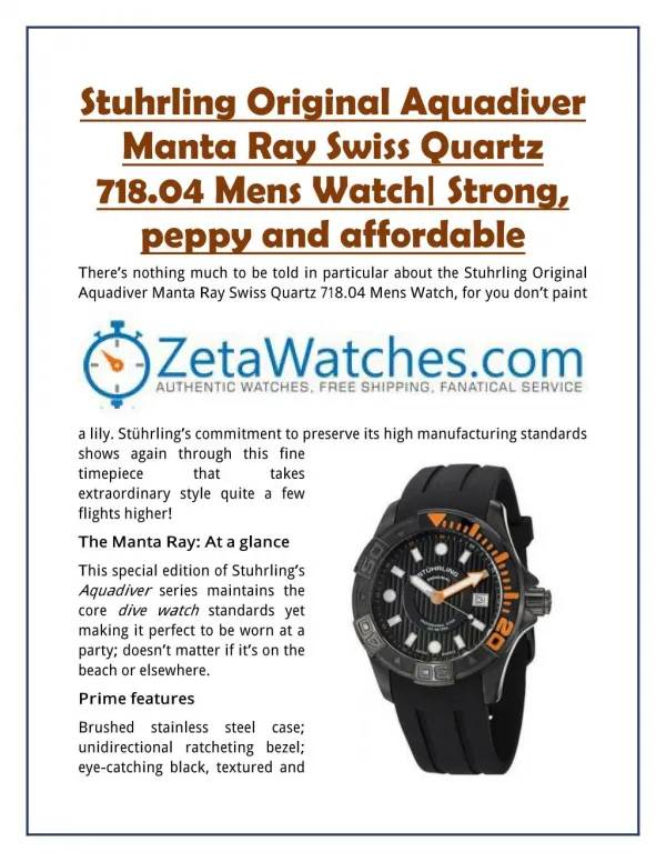 Stuhrling Original Aquadiver Manta Ray Swiss Quartz 718.04 Mens Watch| Strong, peppy and affordable