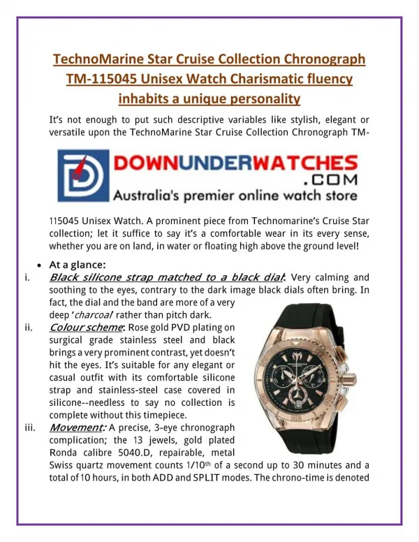 TechnoMarine Star Cruise Collection Chronograph TM-115045 Unisex Watch| Charismatic fluency inhabits a unique personalit