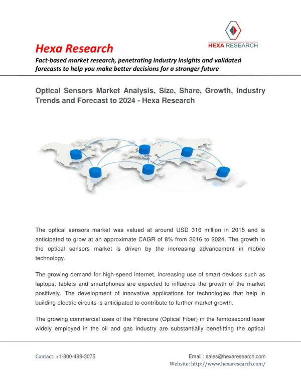 Optical Sensors Market is Anticipated to Grow at an Approximate CAGR of 8% from 2016 to 2024 | Hexa Research