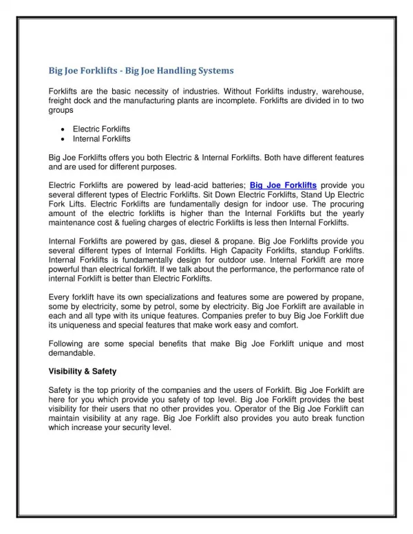 Big Joe Forklifts - Big Joe Handling Systems
