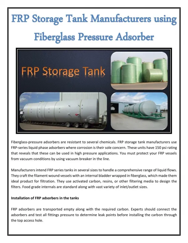 FRP Storage Tank Manufacturers using Fiberglass Pressure Adsorber