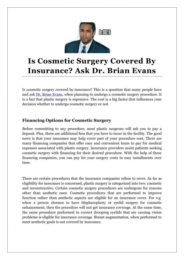Is Cosmetic Surgery Covered By Insurance? Ask Dr. Brian Evans