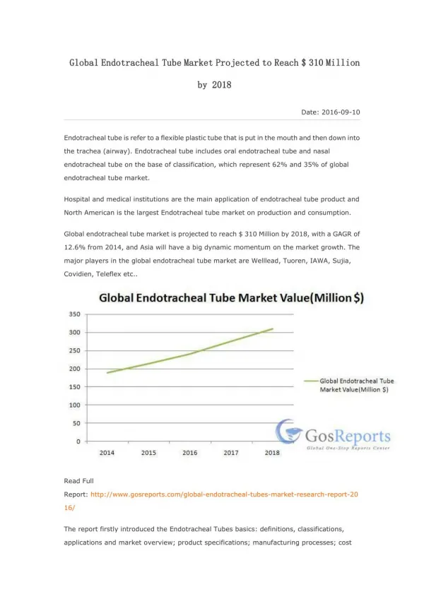 Global Endotracheal Tube Market Projected to Reach $ 310 Million by 2018