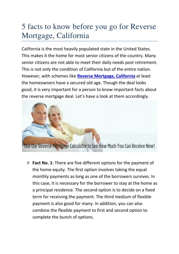 5 facts to know before you go for Reverse Mortgage, California