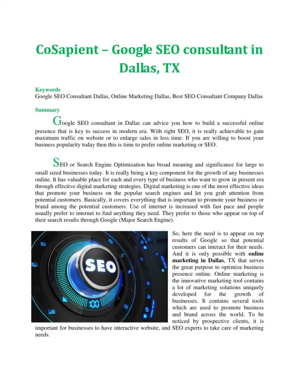 CoSapient – Google SEO consultant in Dallas, TX