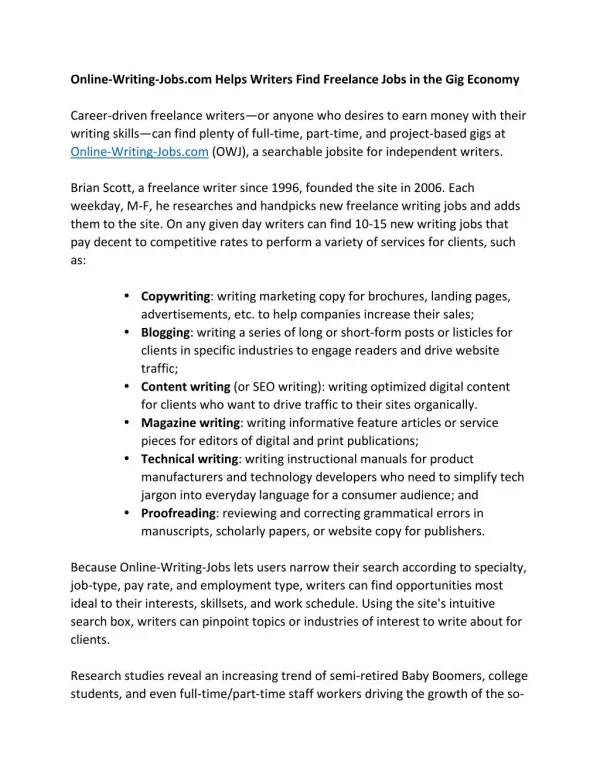 Online-Writing-Jobs.com Helps Writers Find Freelance Jobs in the Gig Economy