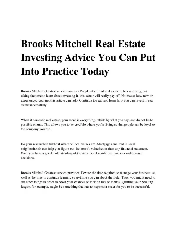 Brooks Mitchell Real Estate Investing Advice You Can Put Into Practice Today