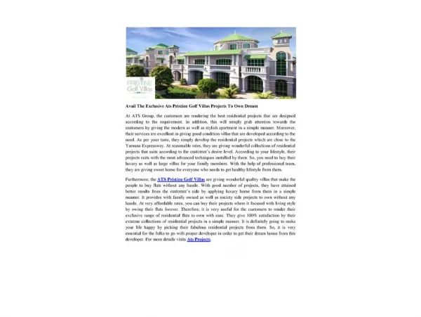 Avail The Exclusive Ats Pristine Golf Villas Projects To Own Dream