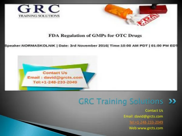 Live Webinar On FDA Regulation of GMPs for OTC Drugs