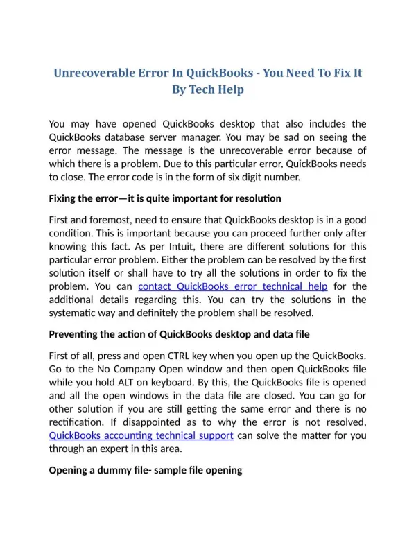 Unrecoverable Error In QuickBooks - You Need To Fix It By Tech Help