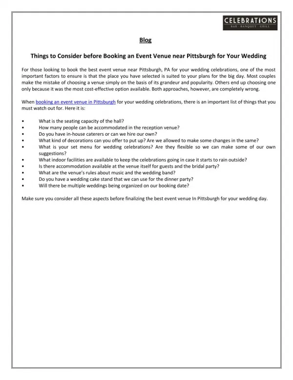 Things to Consider before Booking an Event Venue near Pittsburgh for Your Wedding