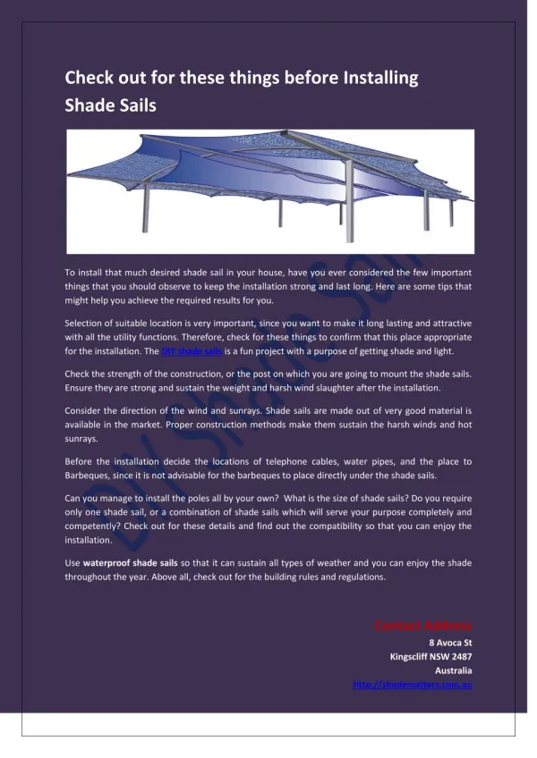Check out for these things before installing shade sails
