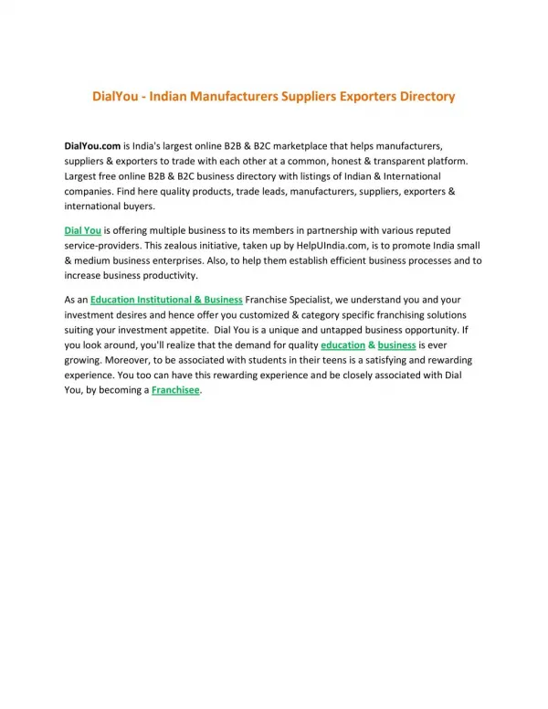 DialYou - Indian Manufacturers Suppliers Exporters Directory