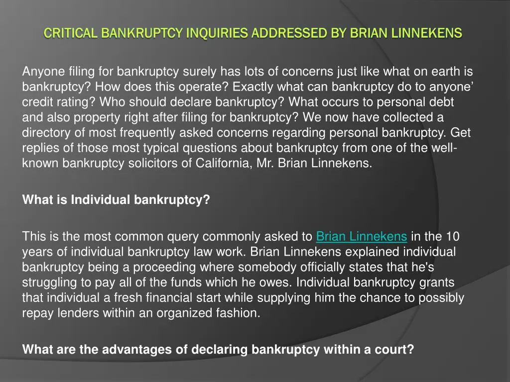 critical bankruptcy inquiries addressed by brian linnekens