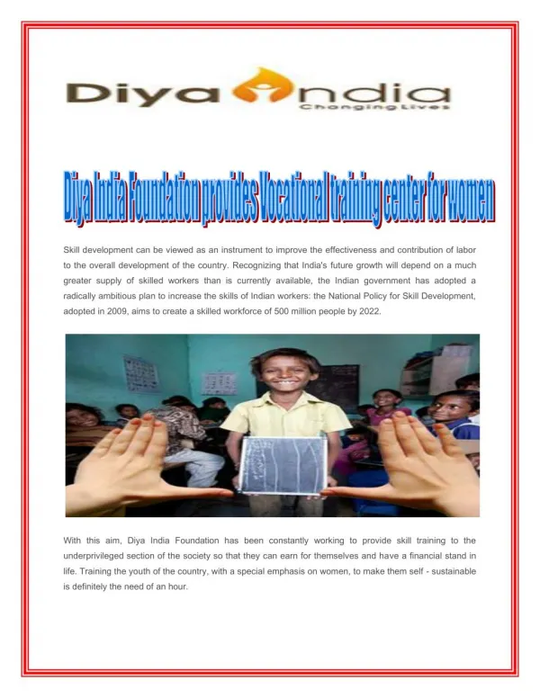 Diya India Foundation provides Vocational training center for women