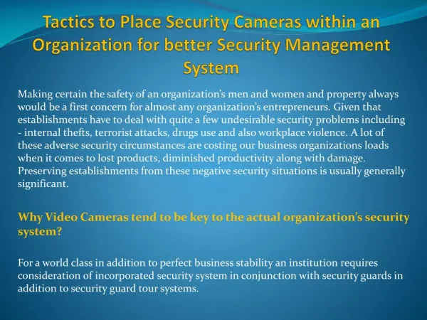 Tactics to Place Security Cameras within an Organization for better Security Management System