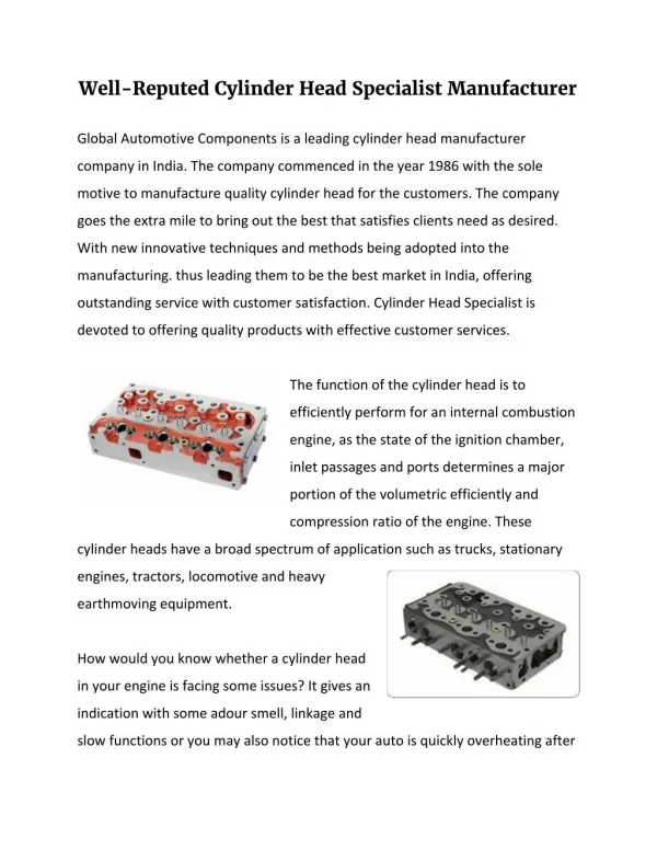 Well-Reputed Cylinder Head Specialist Manufacturer
