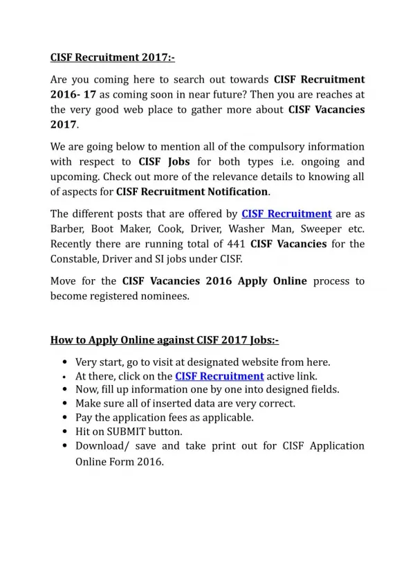 CISF Recruitment 2017, Latest CISF Jobs Notification