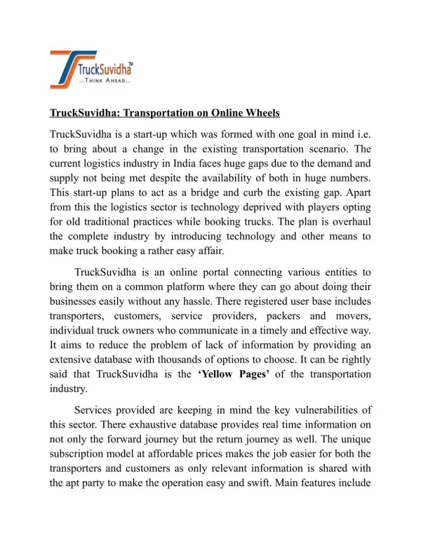 TruckSuvidha: Transportation On Online Wheels