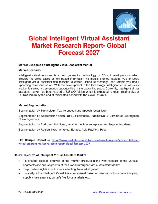 Intelligent Virtual Assistant Market 2016: Industry Research, Review, Growth, Segment and Analysis. Forecast to 2027