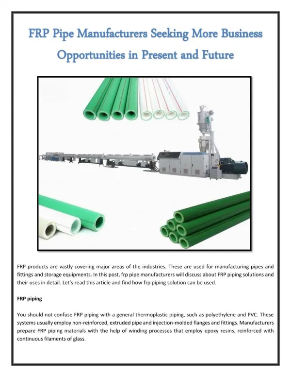 FRP Pipe Manufacturers Seeking More Business Opportunities in Present and Future
