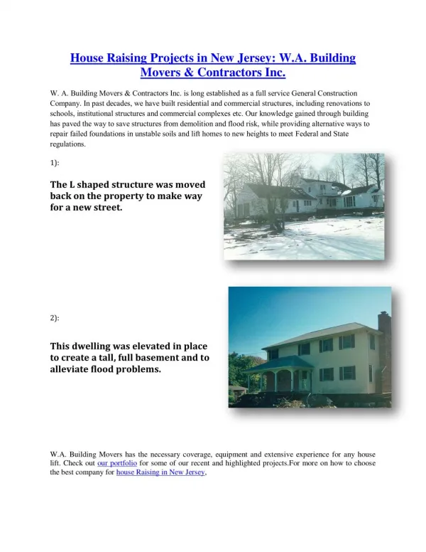 House Raising Projects in New Jersey: W.A. Building Movers & Contractors Inc.