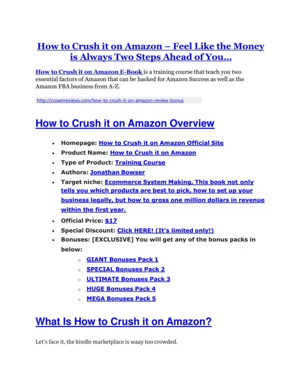 How to Crush it on Amazon review-$16,400 Bonuses & 70% Discount