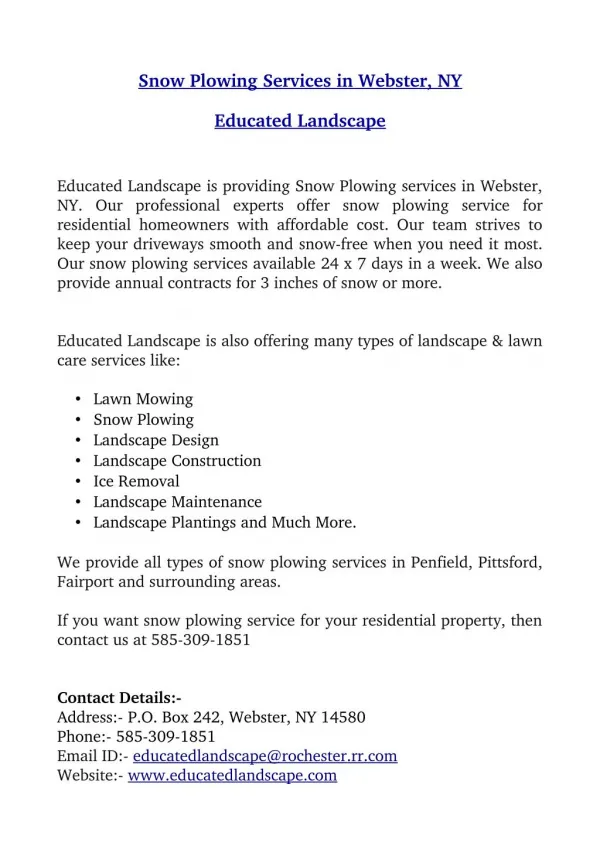 Snow Plowing Services in Webster, NY – Educated Landscape
