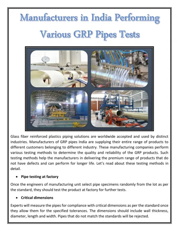 Manufacturers in India Performing Various GRP Pipes Tests