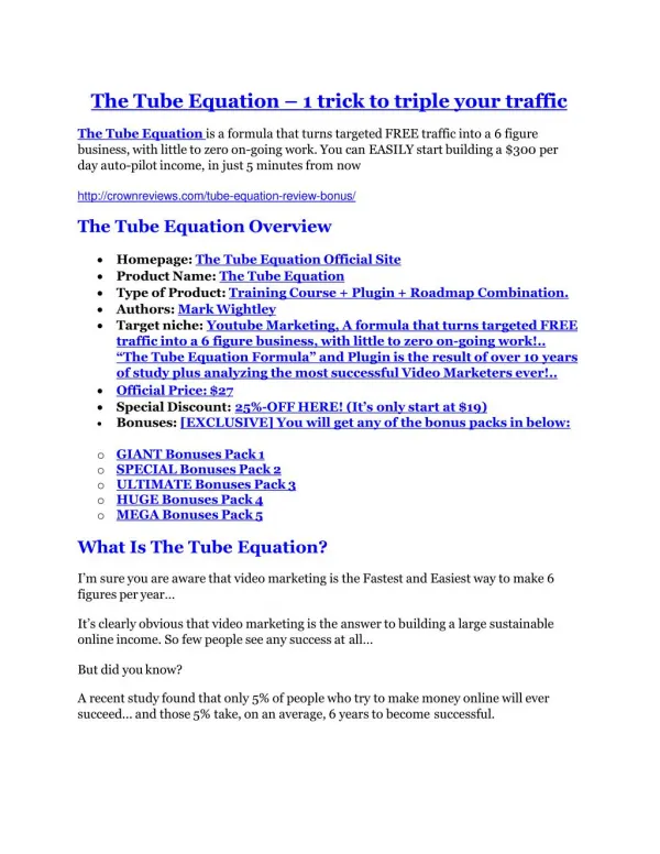 The Tube Equation Review and (Free) GIANT $14,600 BONUS