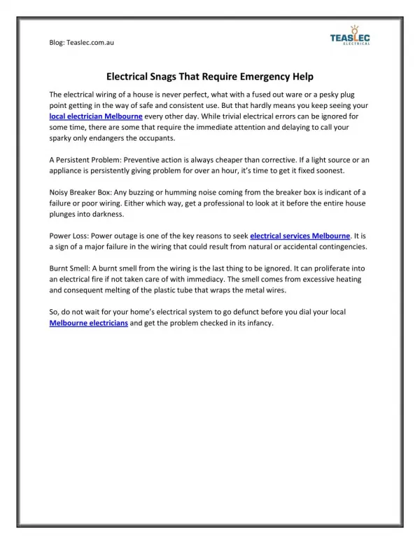 Electrical Services Melbourne - Electrical Snags That Require Emergency Help