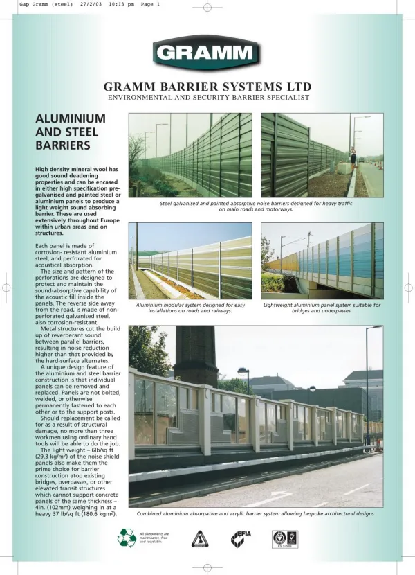 Aluminium and Steel Noise Barriers - Gramm Barriers