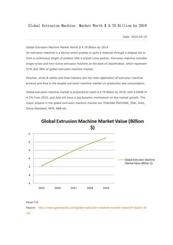Global Extrusion Machine Market Worth $ 4.70 Billion by 2019