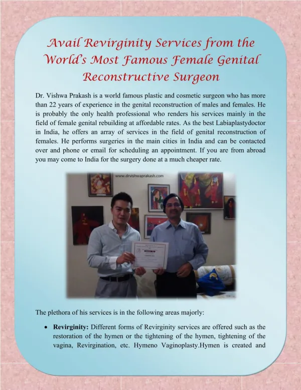 Avail Revirginity Services from the World’s Most Famous Female Genital Reconstructive Surgeon