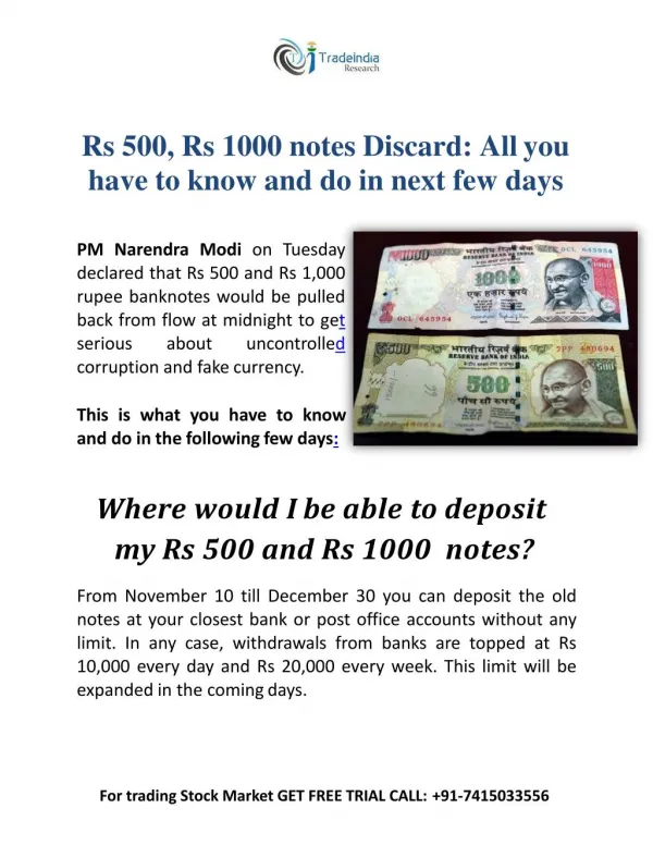 Effect on Stock Market As Rs 500 and Rs 1000 Notes get Scrapped-TradeIndia Research